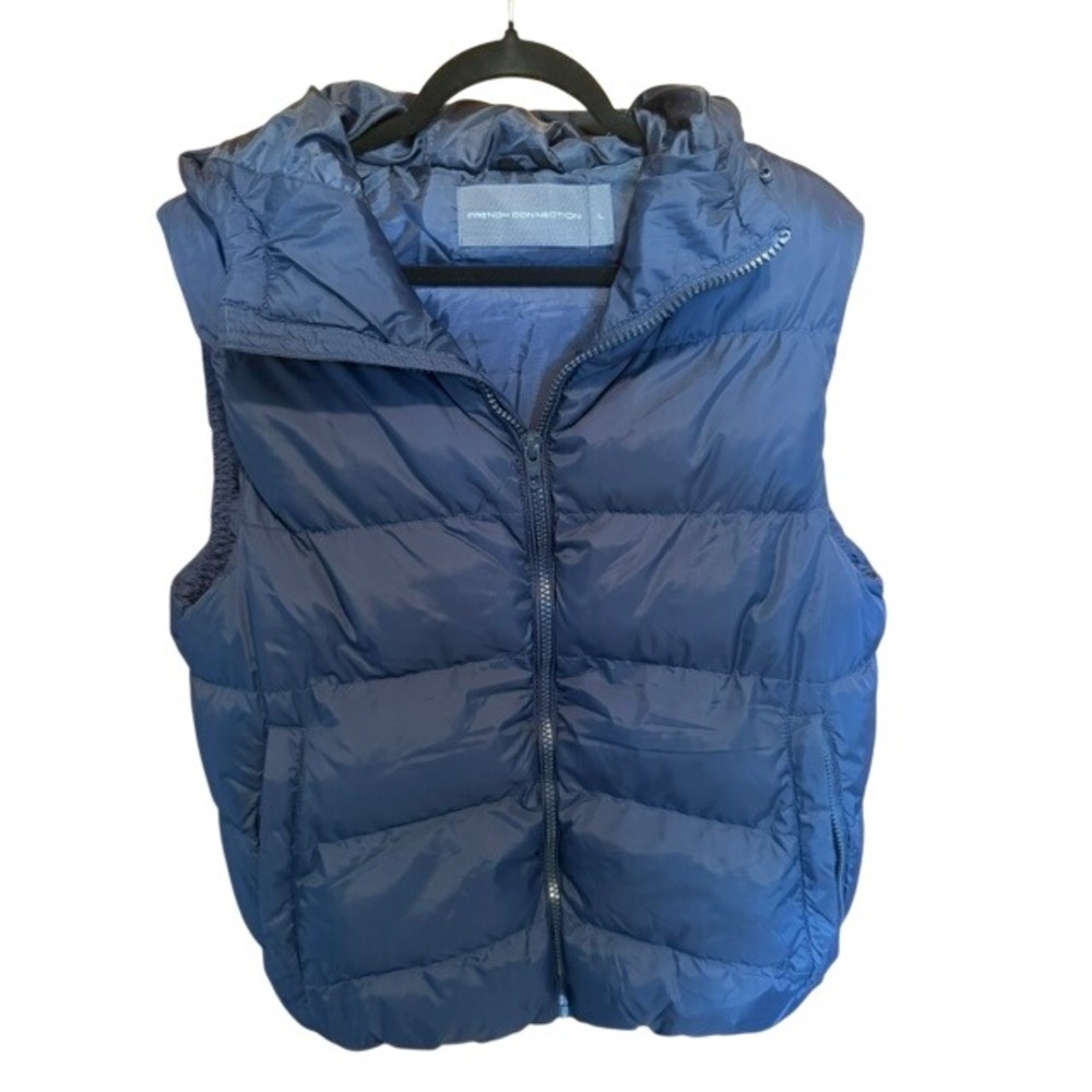 French Connection Mens Blue Hooded Puffer Vest Quilted Full Zip Size L 5GISL